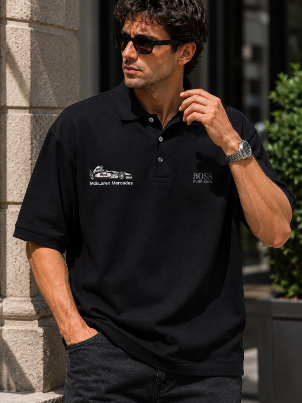NWT Vintage Hugo Boss West McLaren Mercedes logo- embroidered Men polo shirt